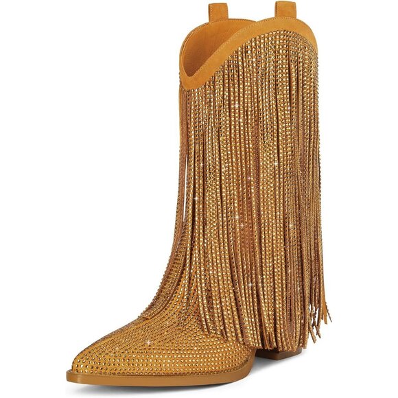Women's Yellow Cowgirl Rhinestone Boot With Sparkly Fringe Pointed Toe Wide Calf - Picture 1 of 9
